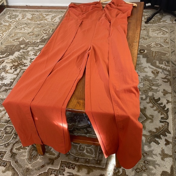Find Me Plus 3XL rust jumpsuit, wide palazzo pant leg, halter v-neck top - Picture 2 of 14